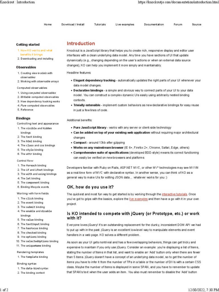 Knockout Introduction PDF J Query Java Script