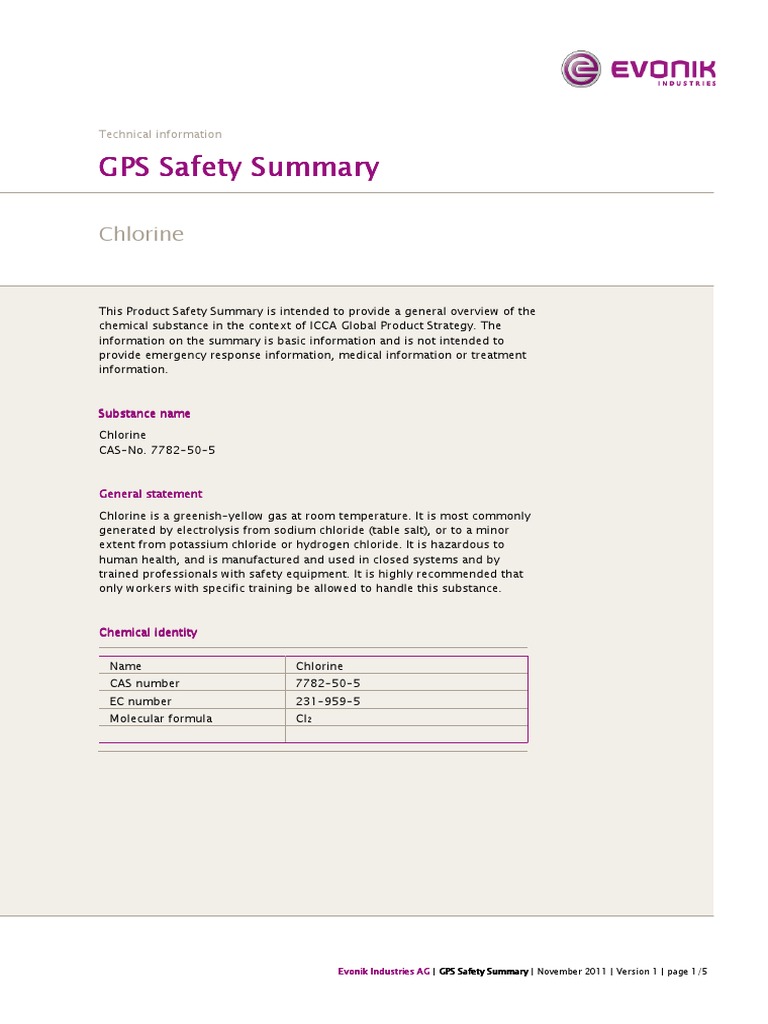 Gps Summary Chlorine PDF Chlorine Chemistry