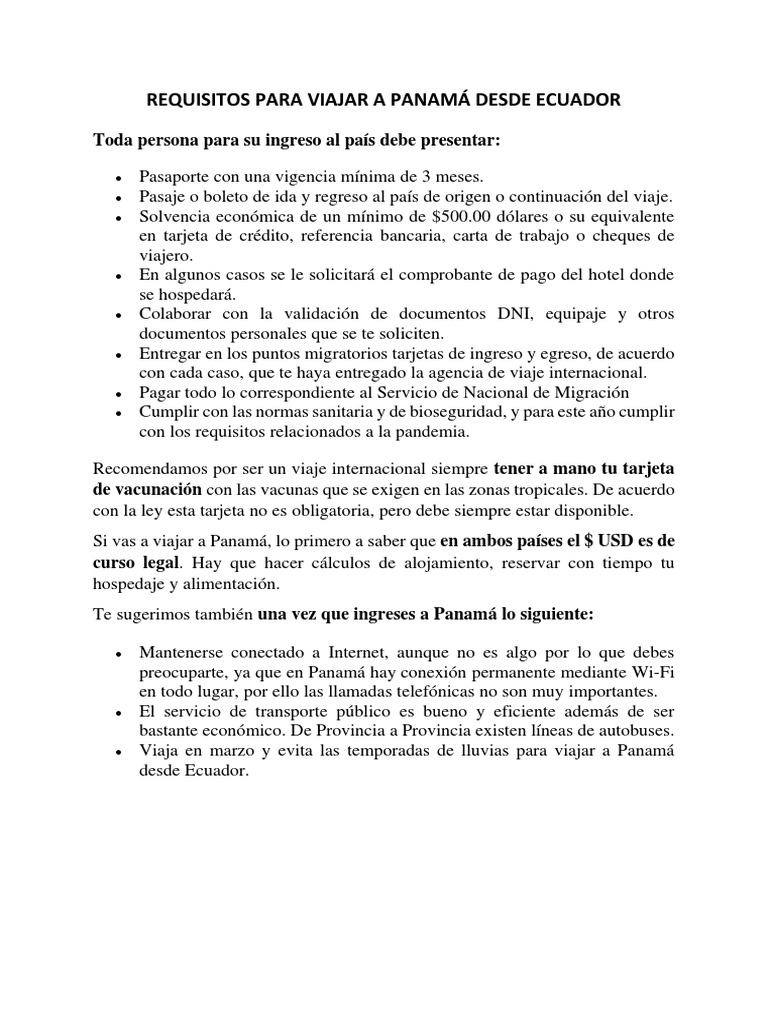 Requisitos para Viajar A Panamá Desde Ecuador | PDF