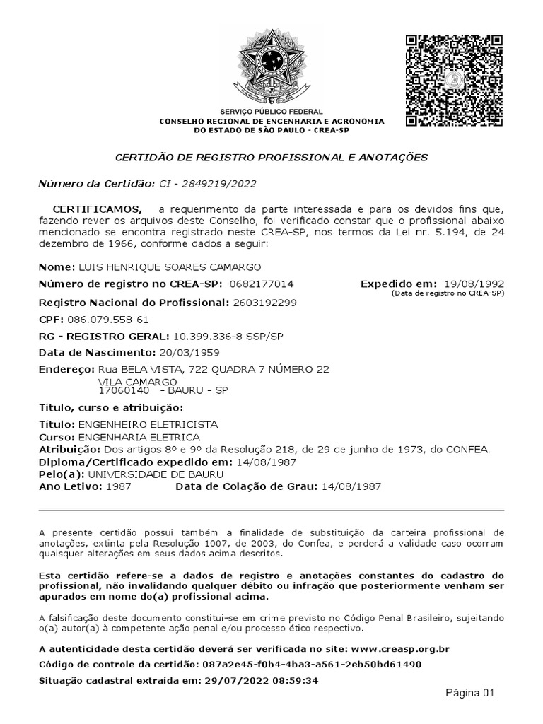 Certidão de Registro Profissional CREA-SP | PDF