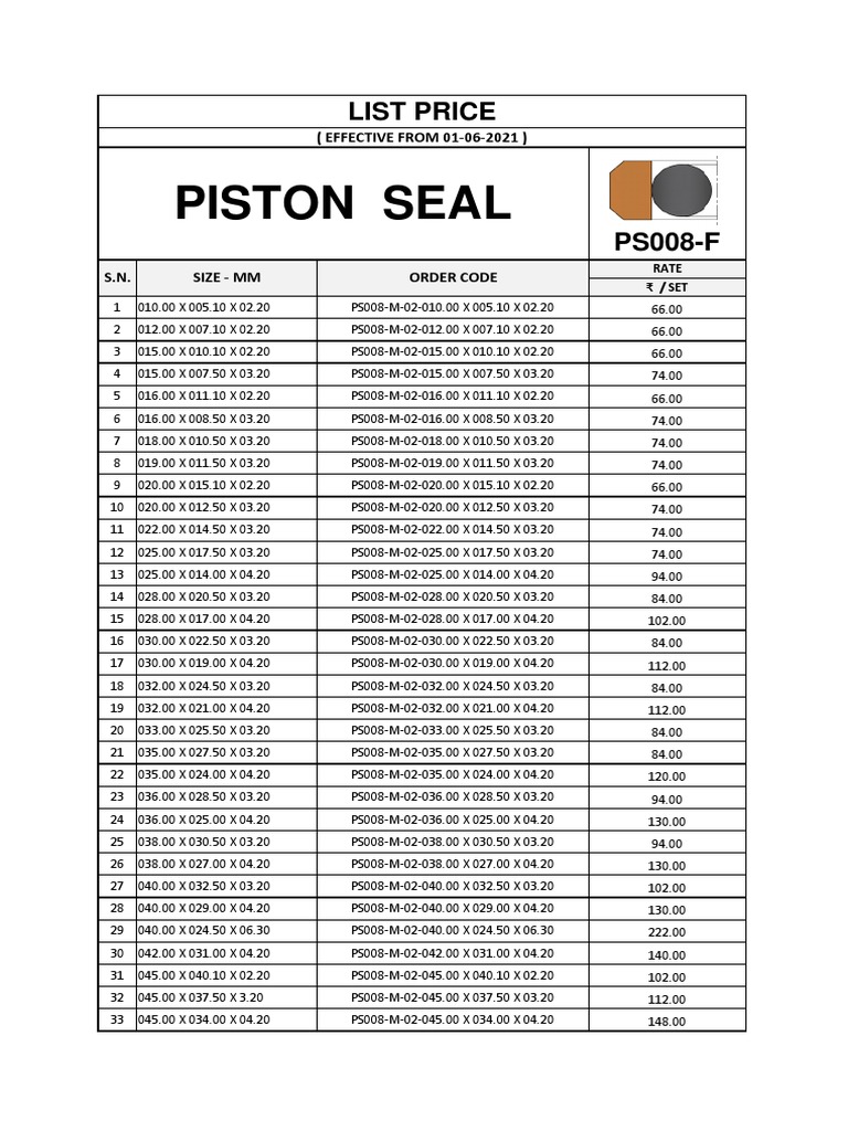 Piston Seal List Price PDF