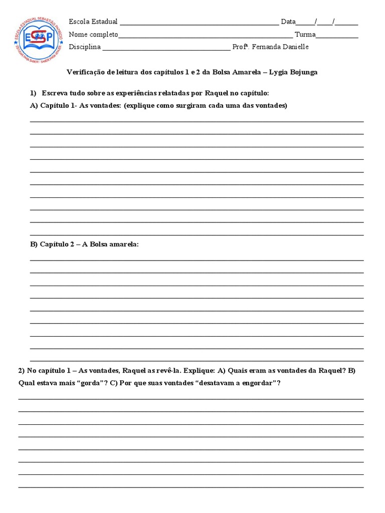 Verificação de Leitura Do Capítulo 1 e 2 Da Bolsa Amarela | PDF