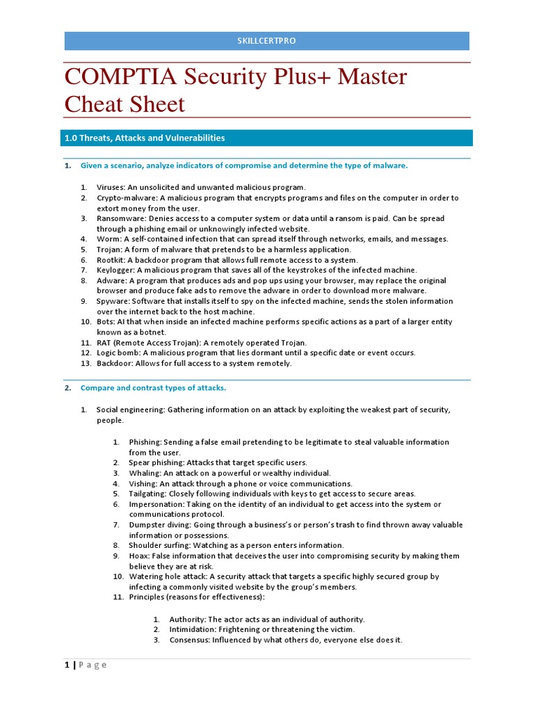 CompTIA Security+ Master Cheat Sheet | PDF | Malware | Computer Network