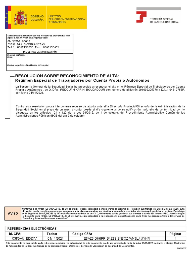 Resolución sobre reconocimiento de alta en el Régimen Especial de ...