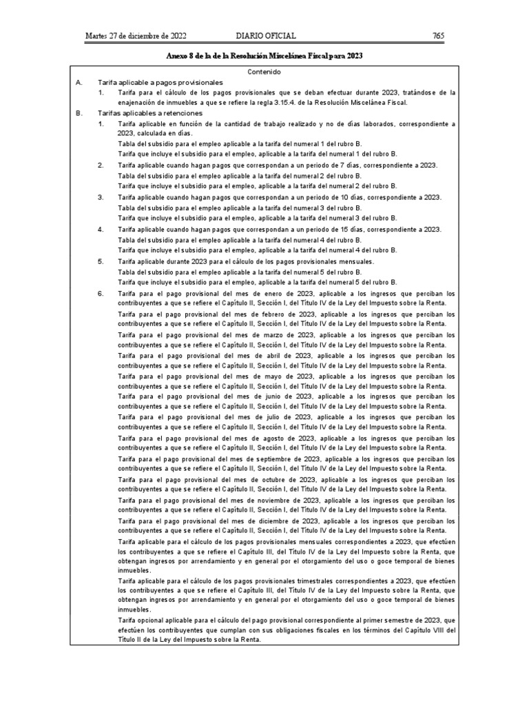 Anexo 8 de La RMF 2023 Tablas y Tarifas Del Impuesto Sobre La Renta