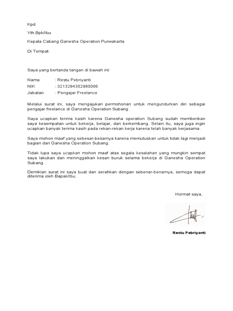 Surat Pengunduran Diri Pekerja Lepas