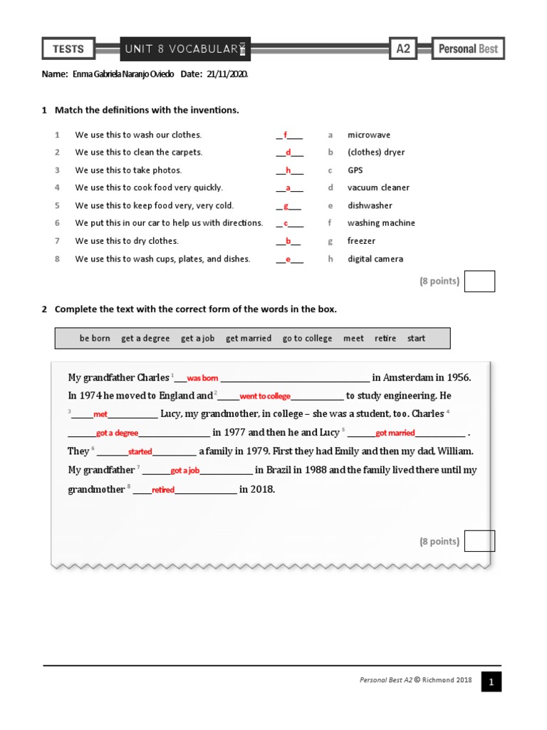 Personal Best A2 Unit 8 Vocabulary Test | PDF | Manufactured Goods ...