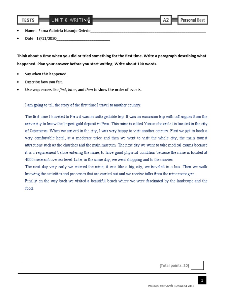 Personal Best A2 Unit 8 Writing Test PDF