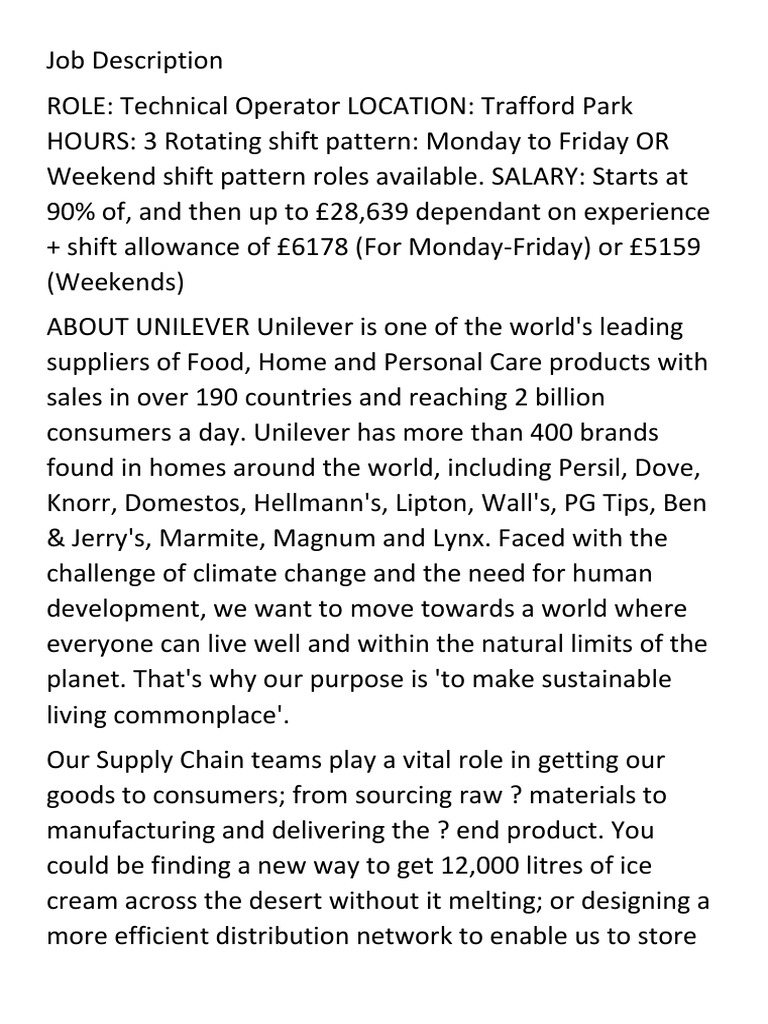 Technical Operator Job Description4 Download Free PDF Unilever