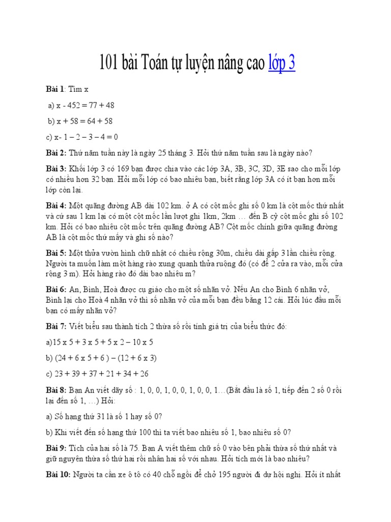101 Bai Toan Tu Luyen Nang Cao Lop 3 | PDF