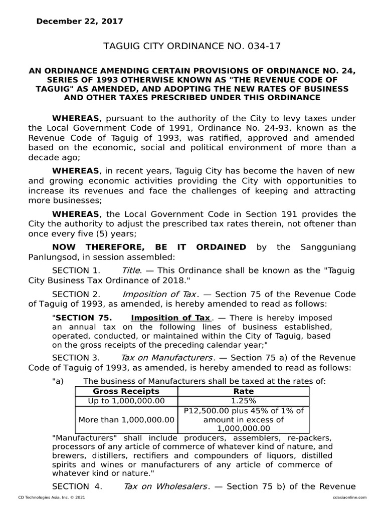 Taguig City Ordinance No. 03417 PDF Taxes Property Tax