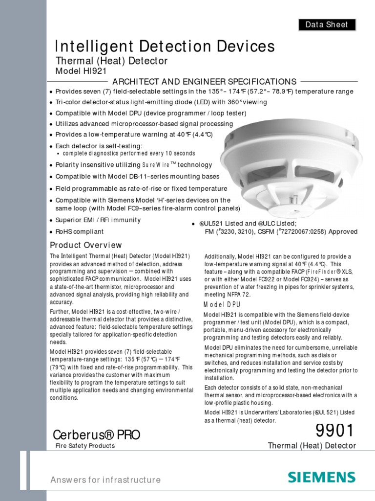 HI921 Thermal Heat Detector Data Sheet A6V10342764 Us en PDF