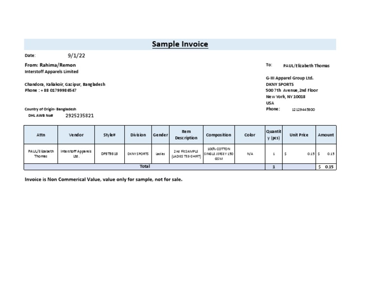 DKNY Sports Ladies Tee Sample Invoice | PDF