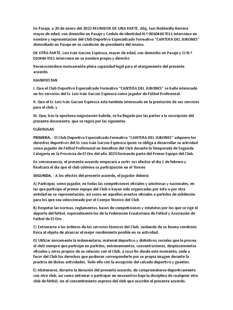 Contrato De Jugadores 1 Pdf Asociación De Futbol Disciplinas