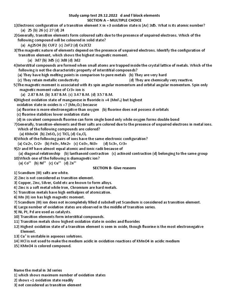 D and F Block Elements Test | PDF | Transition Metals | Chemical Compounds