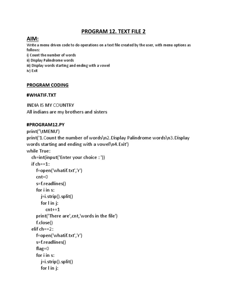 Program 12 text file 2 aim program coding whatif pdf