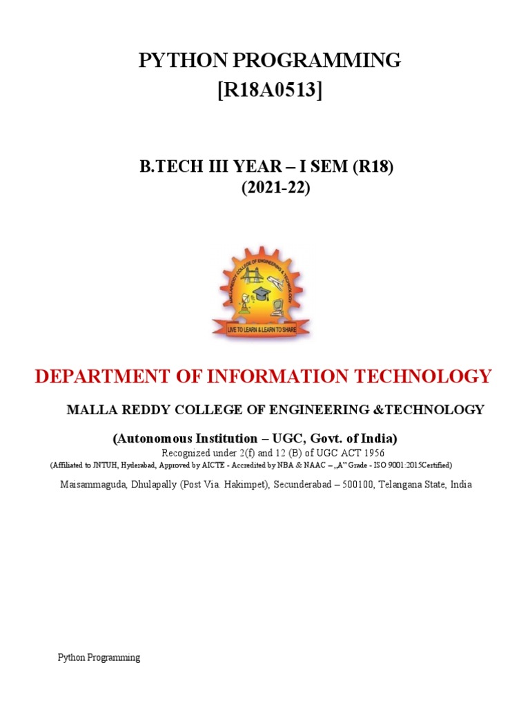Python Programming R18A0513: B.Tech Iii Year - I Sem (R18) (2021-22 ...