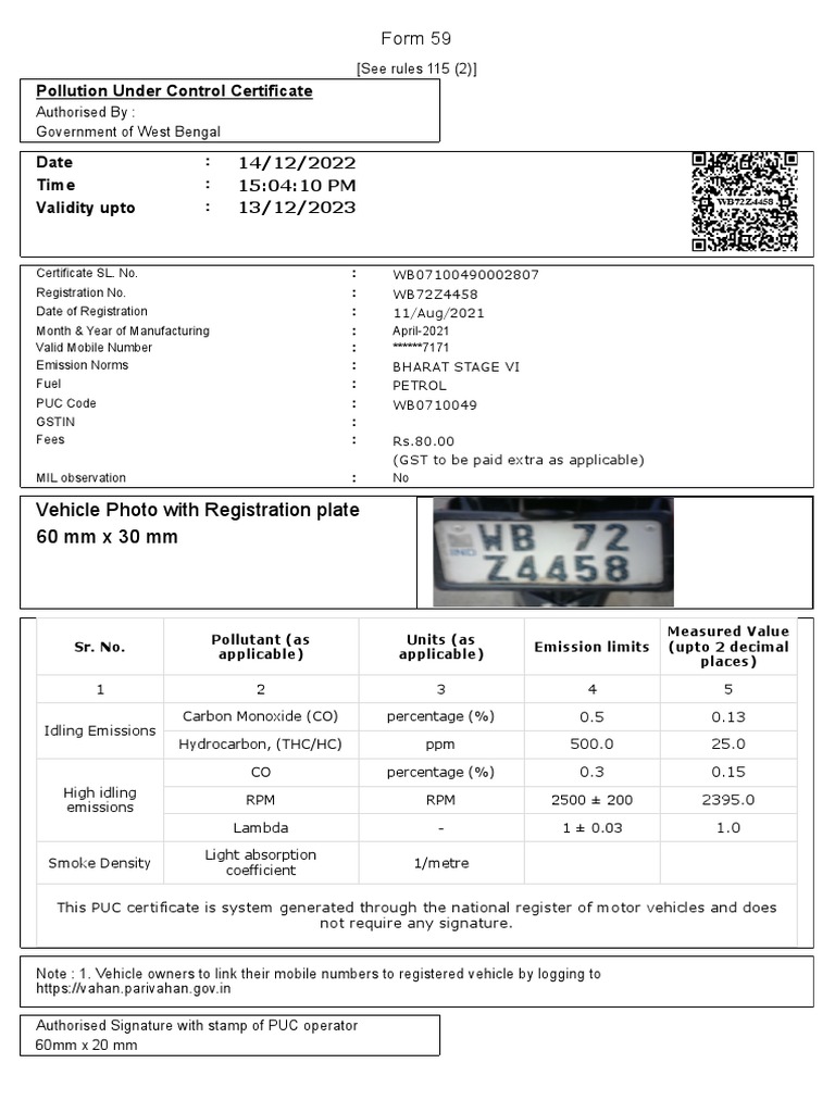 Pollution Under Control Certificate Form 59 PDF Exhaust Gas Air