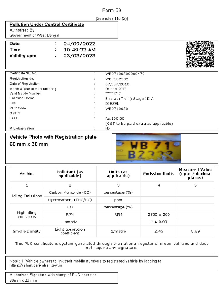 Pollution Under Control Certificate: Form 59 | PDF | Exhaust Gas | Air ...
