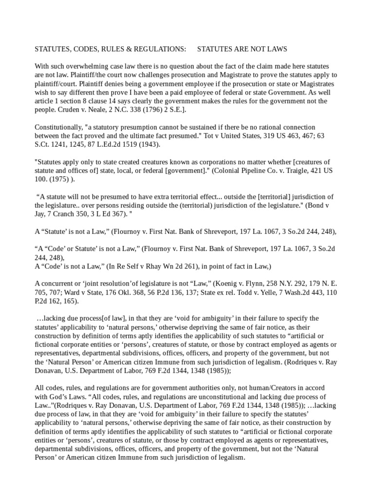 Statutes, Codes, Rules & Regulations Statutes Are Not Laws PDF