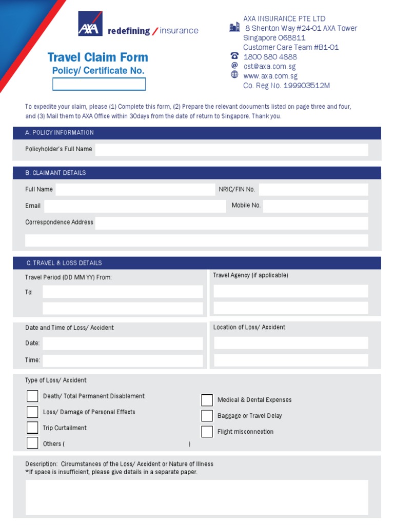 AXA Travel Claim FormLatest 2017 PDF Insurance Receipt
