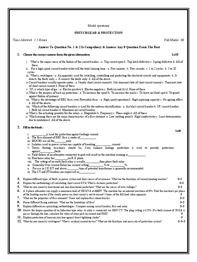 Model questions of SWITCHGEAR & PROTECTION PDF Fuse (Electrical