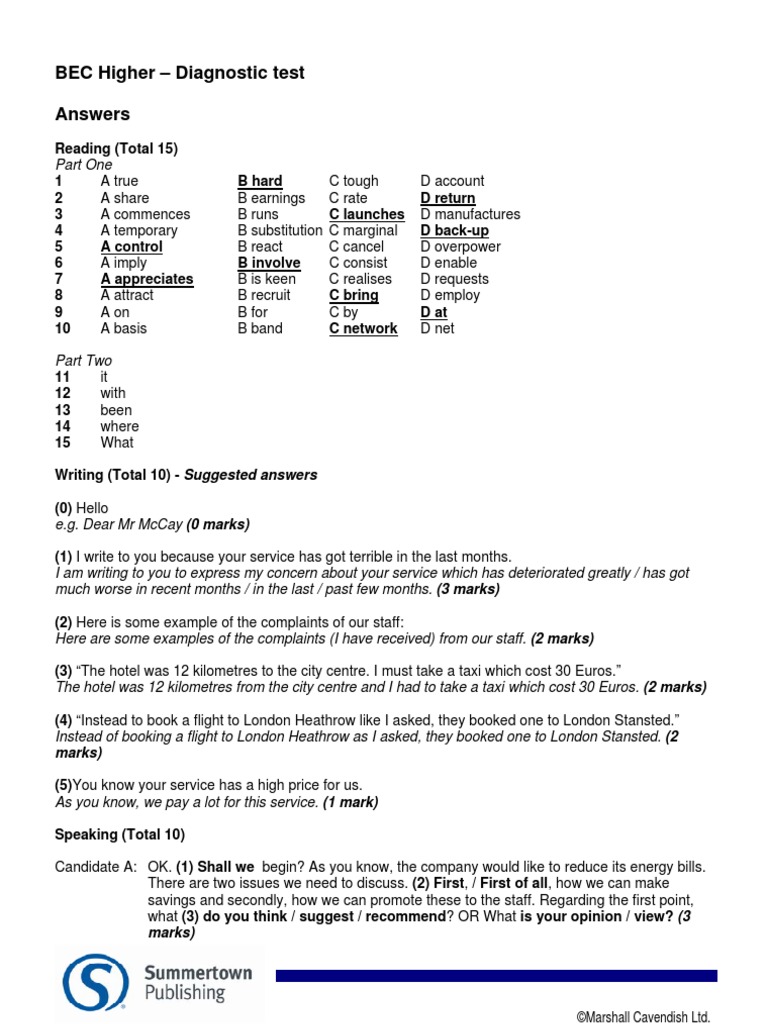 Answers BEC Higher Diagnostic Test | PDF | Business