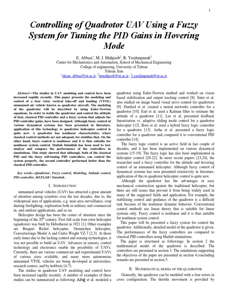 Quadrotor uav fuzzy control for pid tuning in hover mode pdf