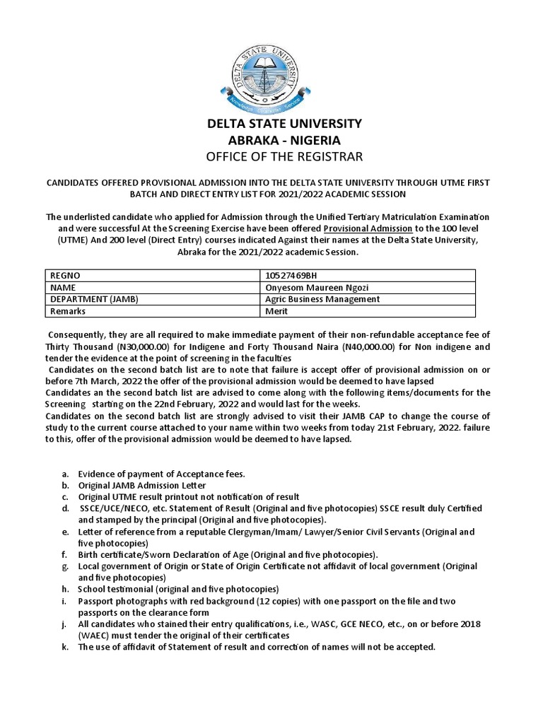 Delta State University Abraka Nigeria Office of The Registrar PDF