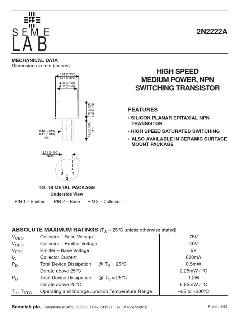 2N2222A Transistor Datasheet Mechanical Dimensions and Electrical
