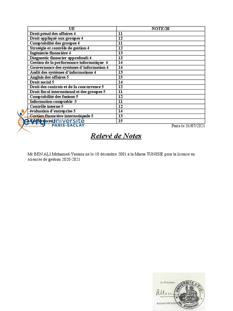 Relevé de Notes Licence en Gestion | PDF