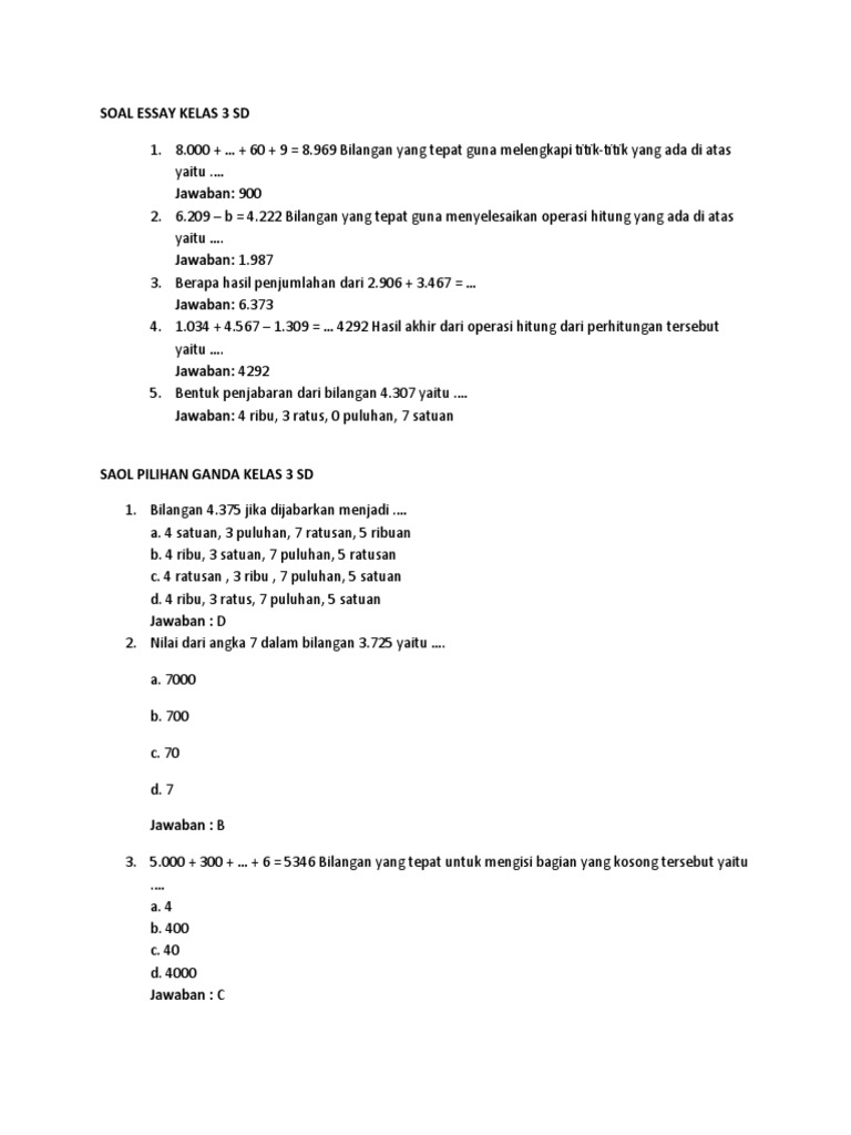 Soal Essay Matematika Kelas 3 SD | PDF | Metode & Bahan Ajar