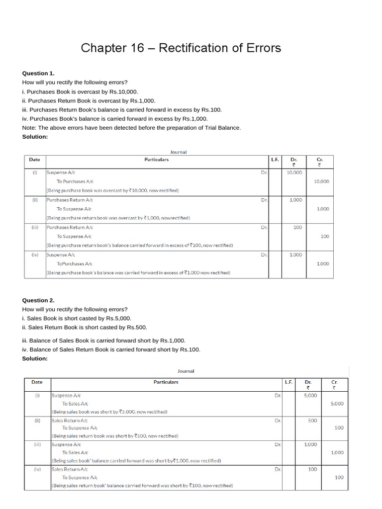 Chapter 16 - Rectification of Errors | PDF | Debits And Credits ...