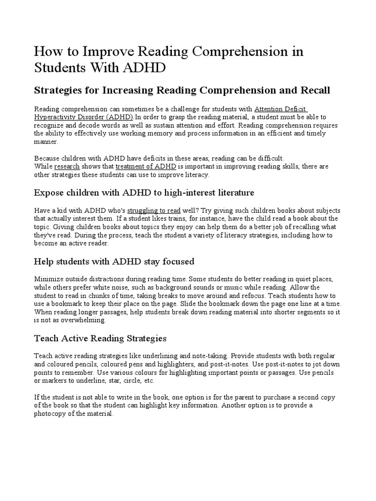 How To Improve Reading Comprehension in Students With ADHD | PDF ...