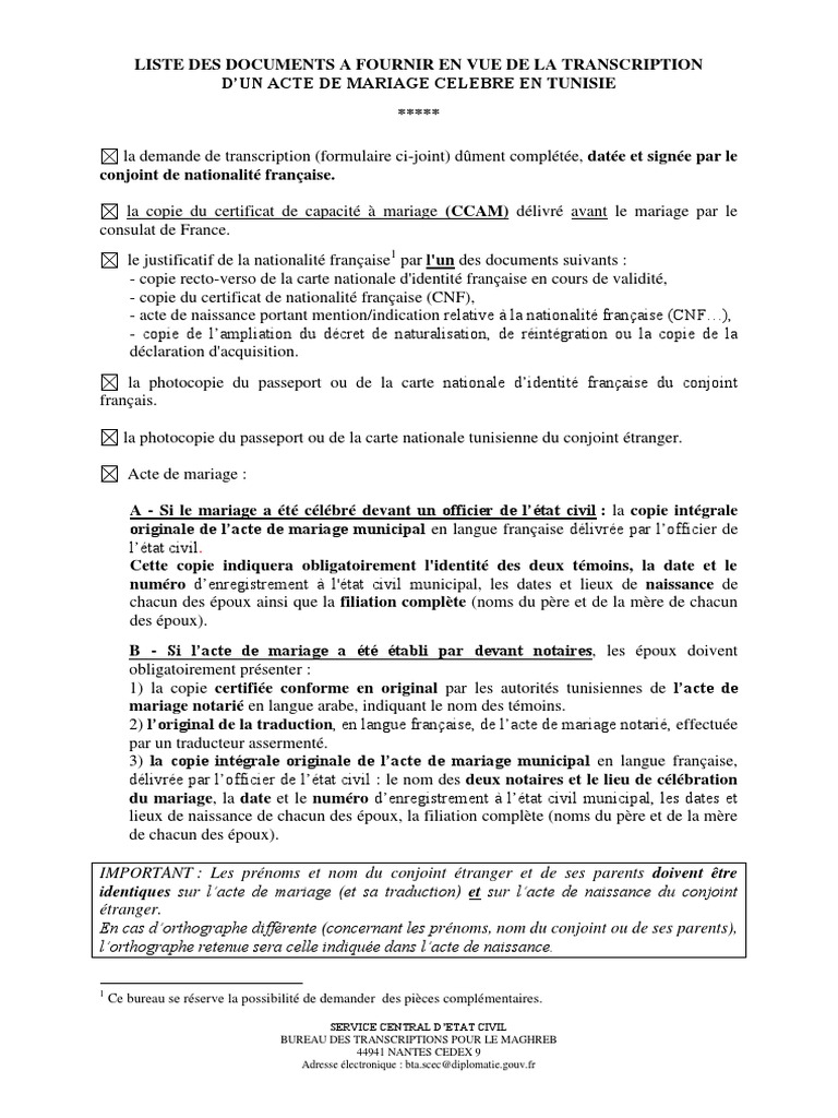 Transcription d'Acte de Mariage en Tunisie | PDF | Certificat de ...