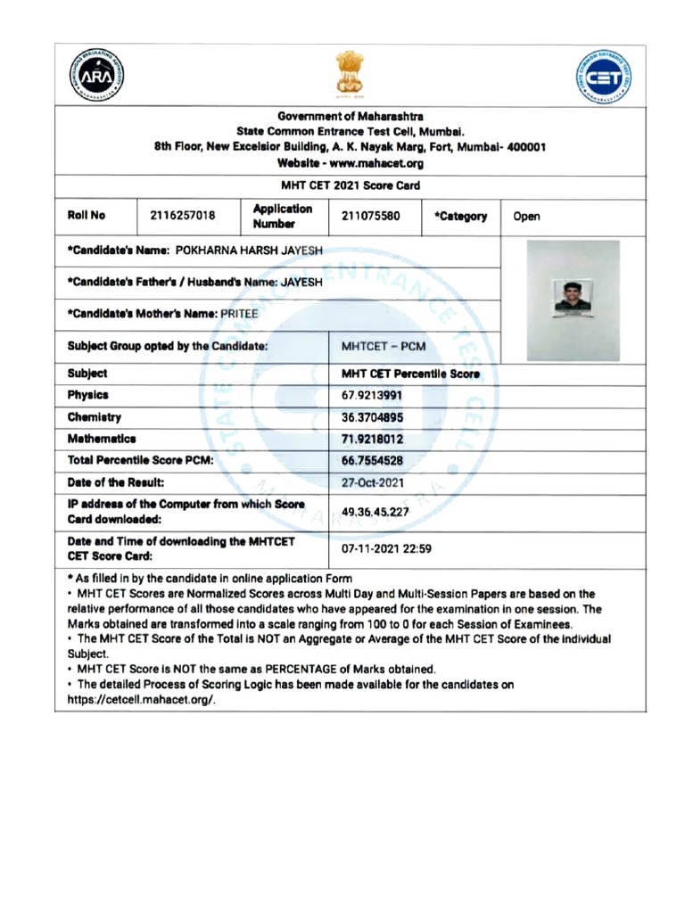 MHT Cet Score Card | PDF