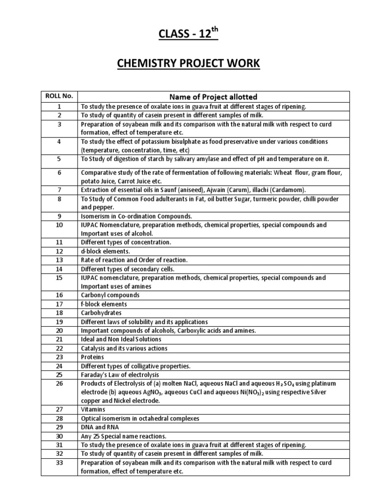 Class 12 Chemistry Project Topics | PDF | Milk | Chemical Reactions