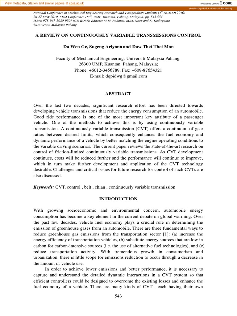 A Review On Continuously Variable Transmissions Control Da Wen Ge, Sugeng Ariyono and Daw Thet