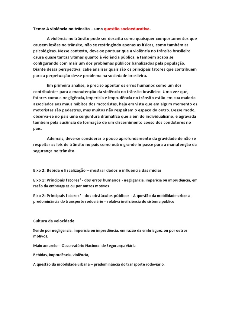 Violência No Trânsito - Redação | PDF