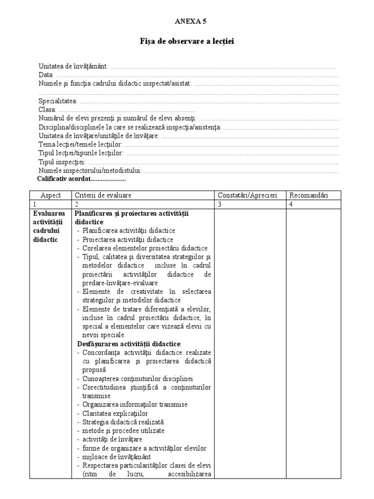 Fisa Inspectie Anexa 5 | PDF