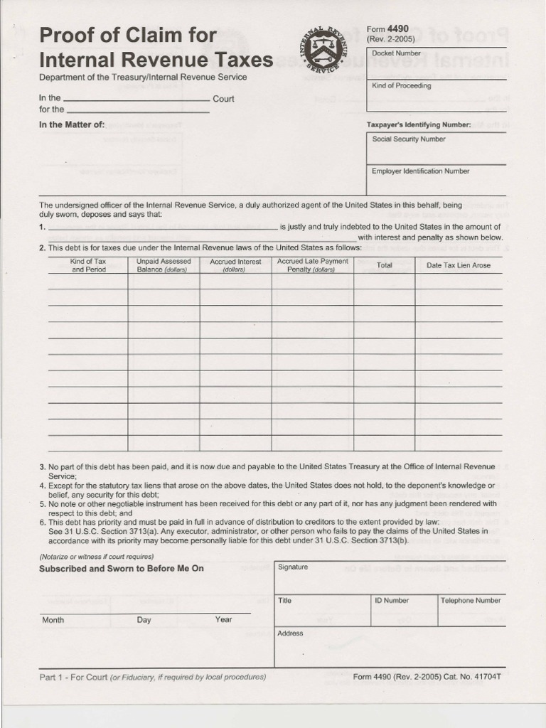 Proof of Claim IRS Form 4490 Tax Lien Internal Revenue Service