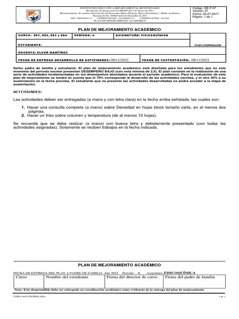 Plan de Mejoramiento 8 Cuarto Periodo PDF