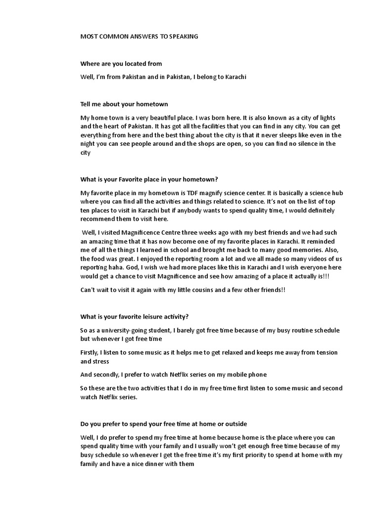 Common Speaking Answers and Hometown Insights | PDF | Fast Food ...