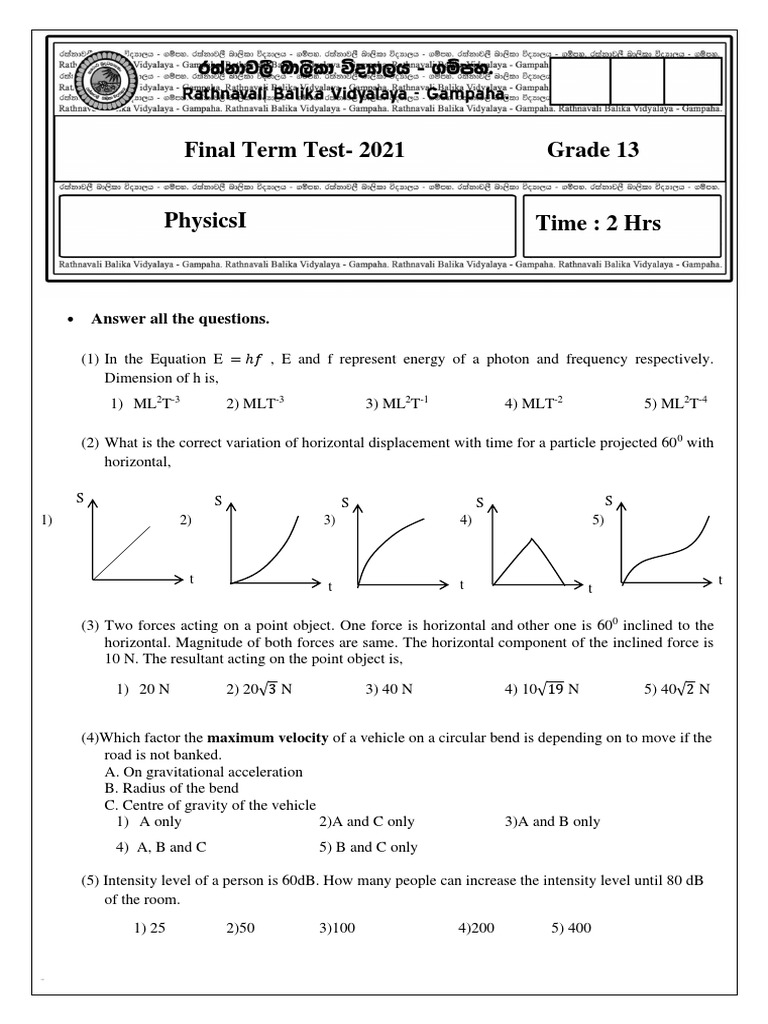 Rathnavali balika vidyalaya grade 13 physics 2021 3rd term test paper