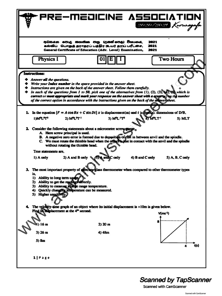 Pre Medicine Association Kurunegala 2021 Physics Final Model Paper PDF