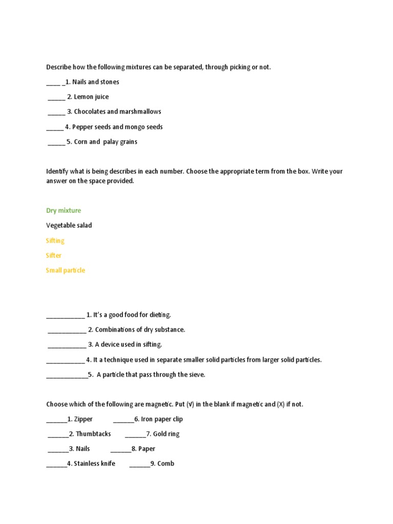Grade 6 Science Mixture Separation Test | PDF | Wellness