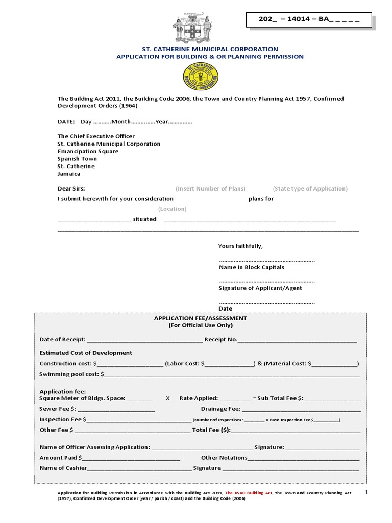 ST Catherine Municipal Corporation Building Application Form 2021 | PDF ...