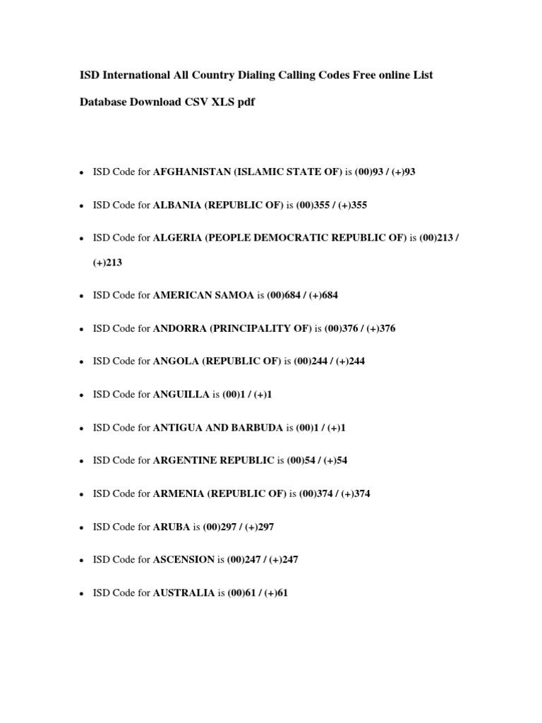 Isd International All Country Dialing Calling Codes Free Online List  Database Download Csv Pdf | Pdf | Political Theories | Constitutional Law