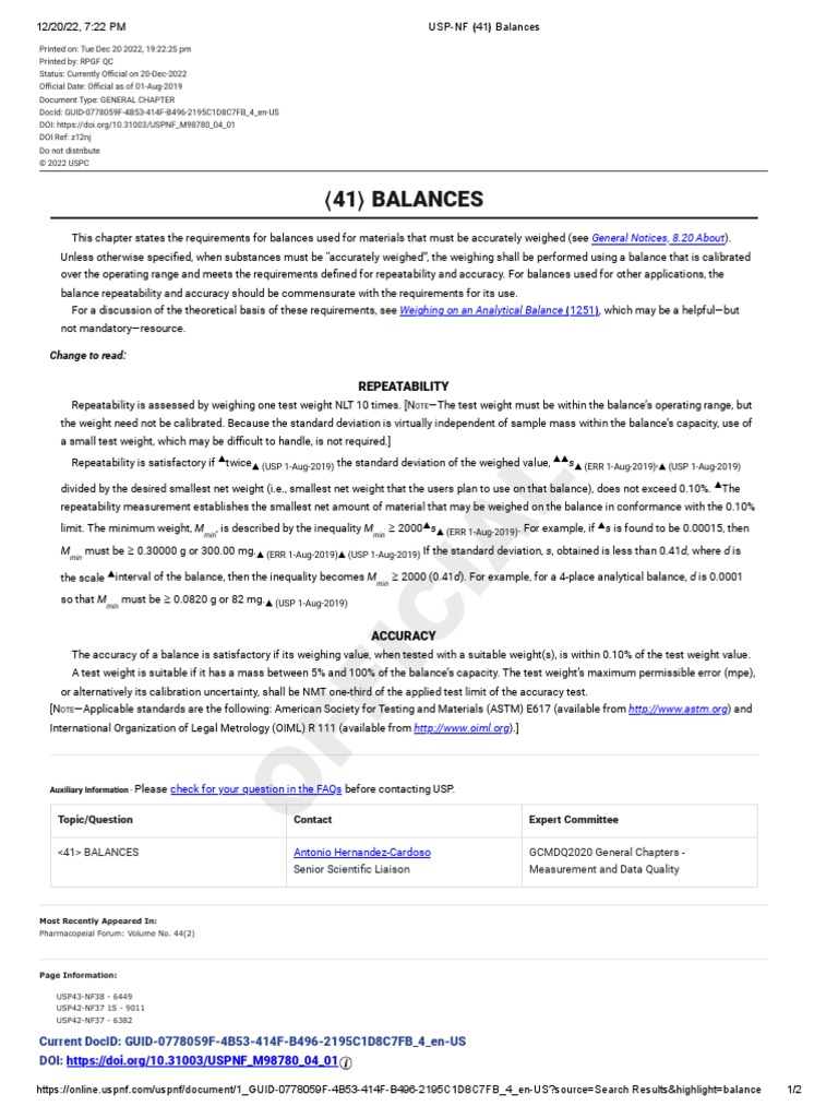 USPNF 41 Balances Download Free PDF Weight Calibration