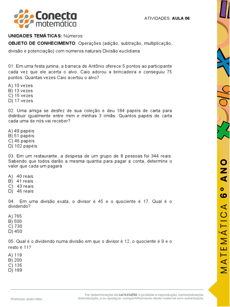 ATIVIDADE 06 - Divisão de Numeros Naturais | PDF